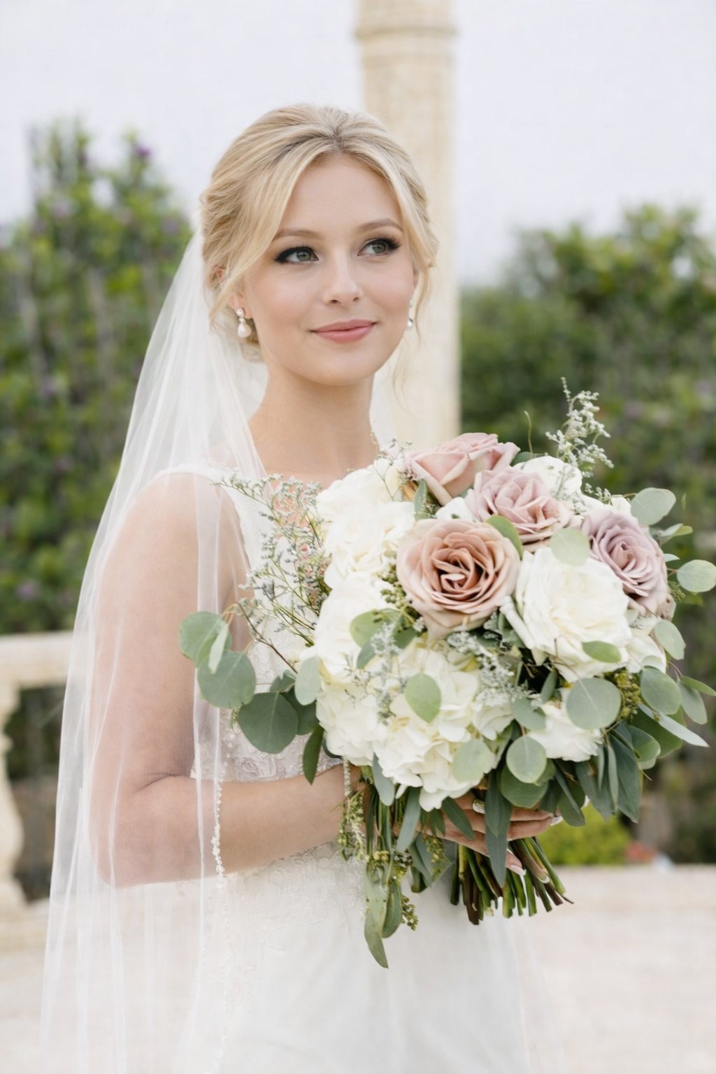 Bridal bouquet portrait wedding beauty complete hair and makeup