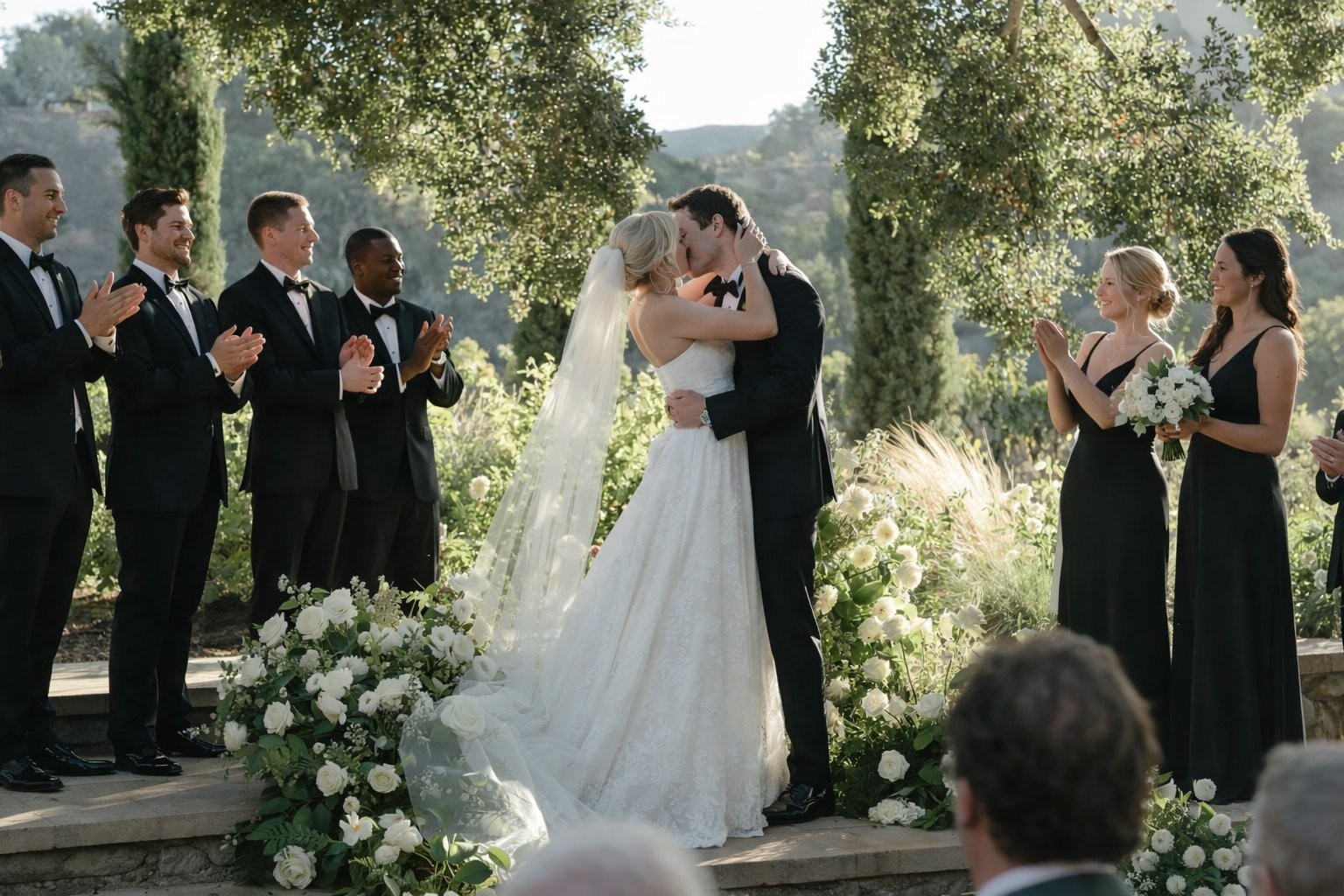 Wedding ceremony first kiss bridal couple Los Angeles wedding moment
